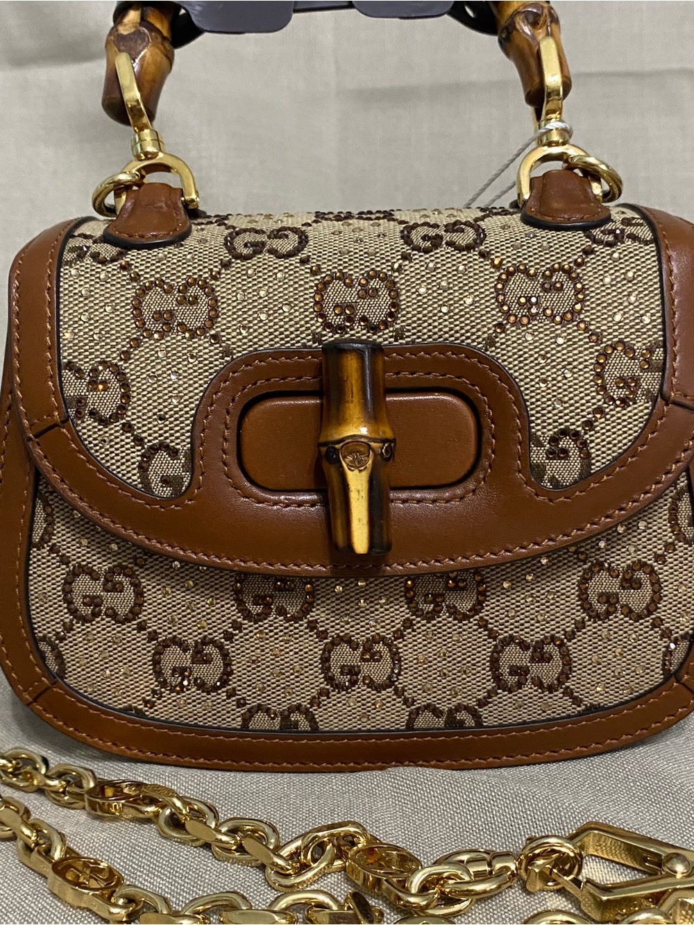 Mini Gucci Bamboo 1947 Top Handle Bag Crystal Embellished GG Canvas